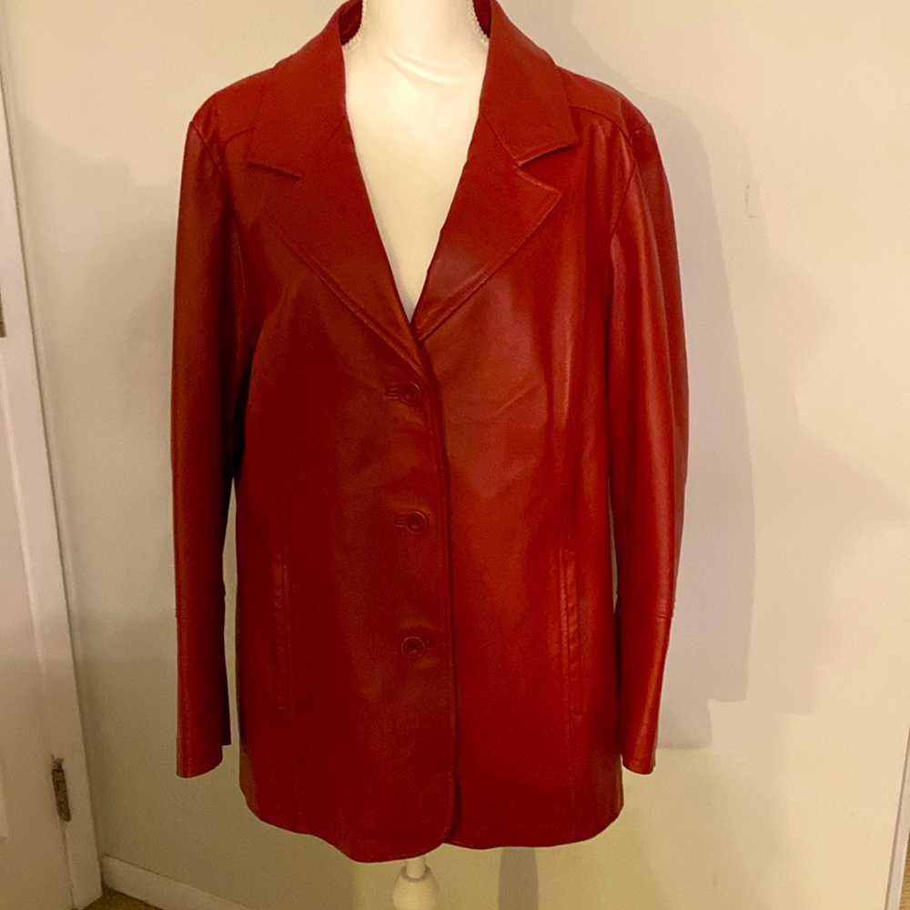 Maggie Barnes Red Leather Button-Front Jacket